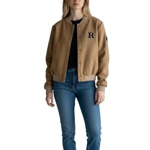 VTG Letterman Collegiate Academia Bomber Sports Cheer‎ Tan Jacket Womens Small